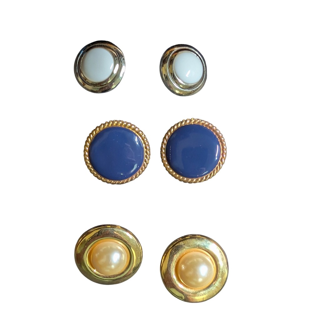 Vintage Clip On Earrings Set 3 Pairs Blue Enamel Faux Pearl White Gold Silver